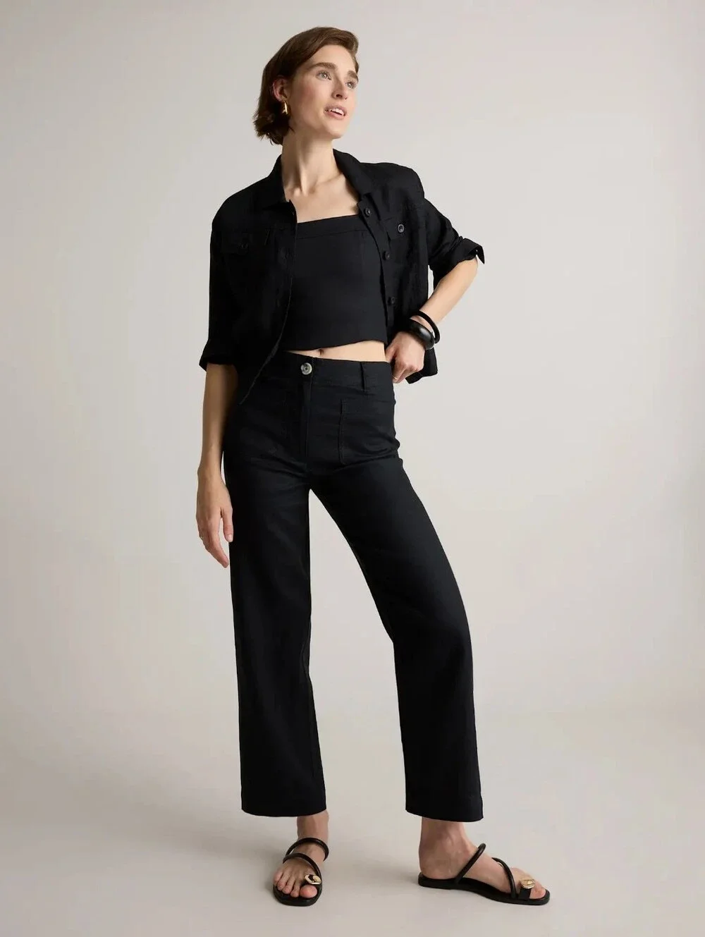 🔥 100% European Linen Patch Pocket Wide Leg Pants, Black (2)